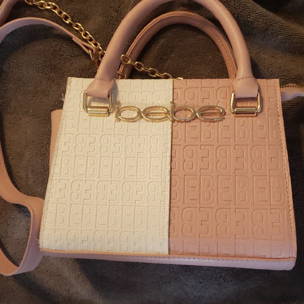 Bebe Pink and White Embossed Satchel